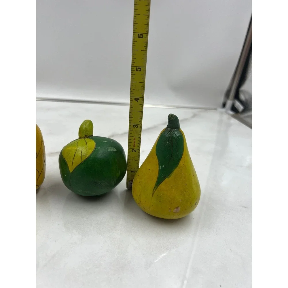 Vintage Hand Carved Wooden Fruit Set 6 Piece Decorative Pineapple Pears Folk Art